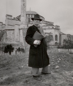 Posing in front of the Hagia Sophia, where he oversaw the large scale restoration and conservation of its interior mosaics.