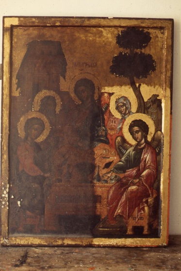 Documentation of the cleaning progress of a 17th century icon of The Hospitality of Abraham, Hilandar Monastery, 1972 ( BF.S.1998.0505 )