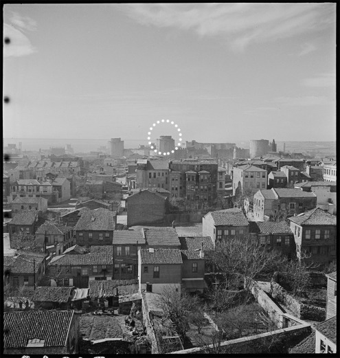 View of Yedikule (east tower is circled) from the minaret of Imrahor Camii, looking west, February 1937, photo by Nicholas Artamonoff (ICFA.NA.0119)